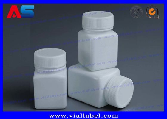 PET Eczane Beyaz 50ml Plastik Hap Şişeleri Vuruş Kapaklı Kare Şekil Basınç Duyarlı Mühür
